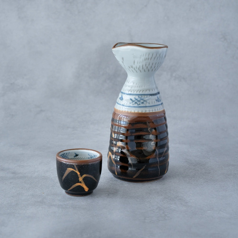 Tenmoku Kin-Ashi Sake Set – Hand-Painted Tokkuri & Guinomi | MIWA Tableware