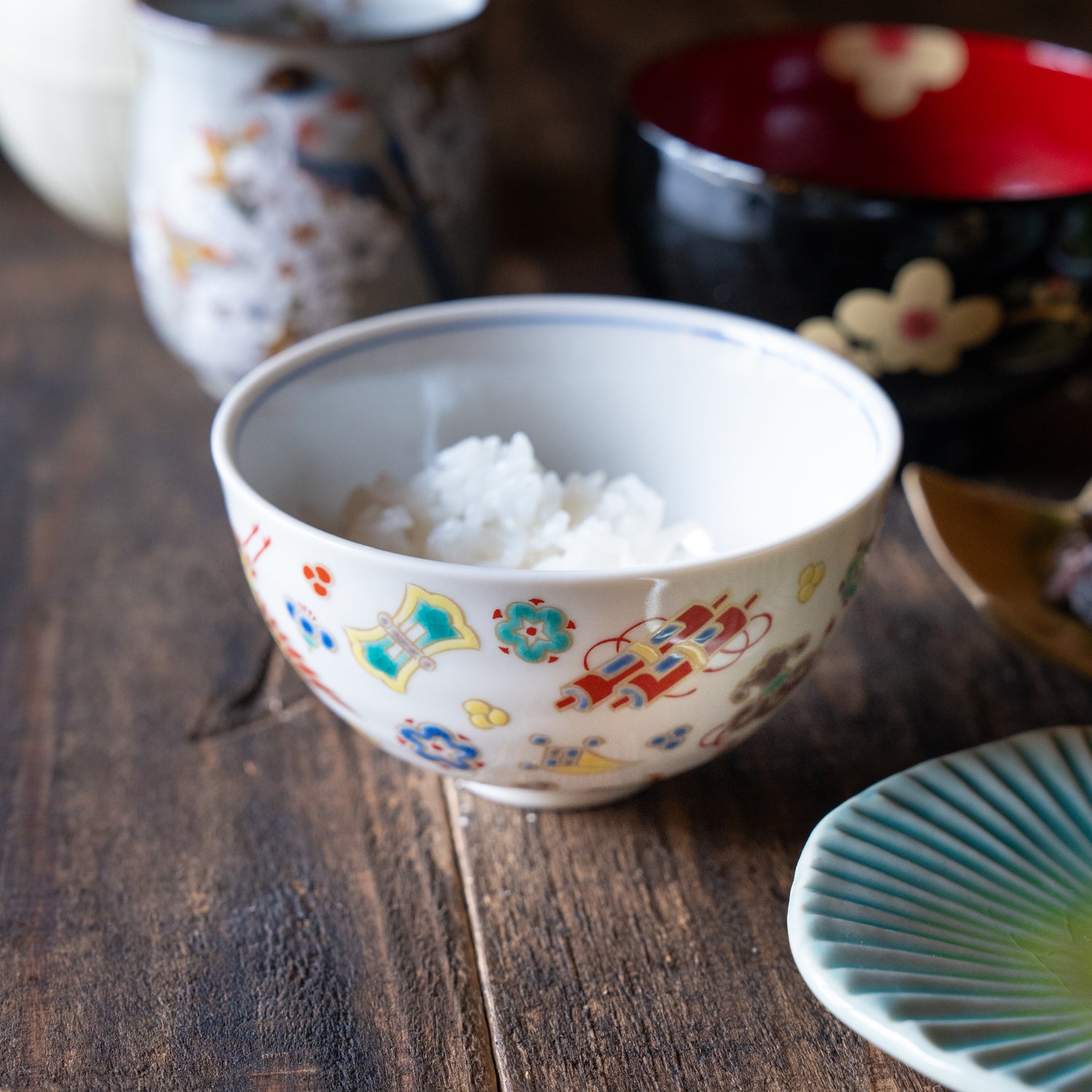 Kutani Goshiki "Treasure Motifs" Rice Bowl