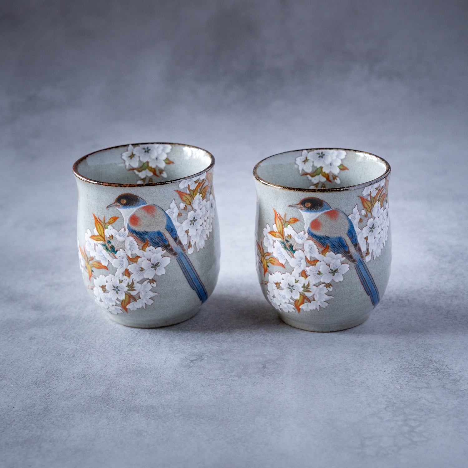 Gold Leaf Sakura & Bird Kutani Teacup Pair