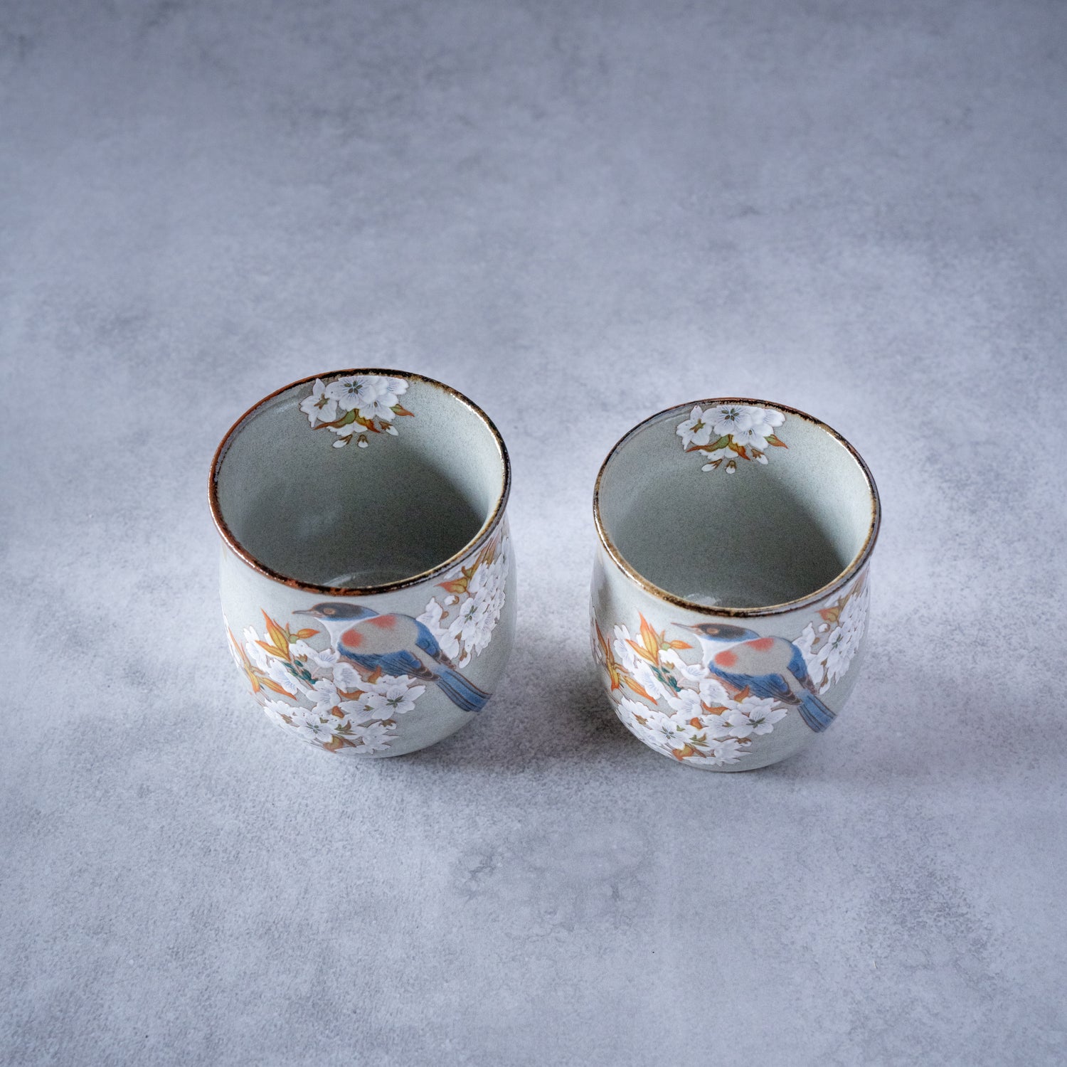 Gold Leaf Sakura & Bird Kutani Teacup Pair