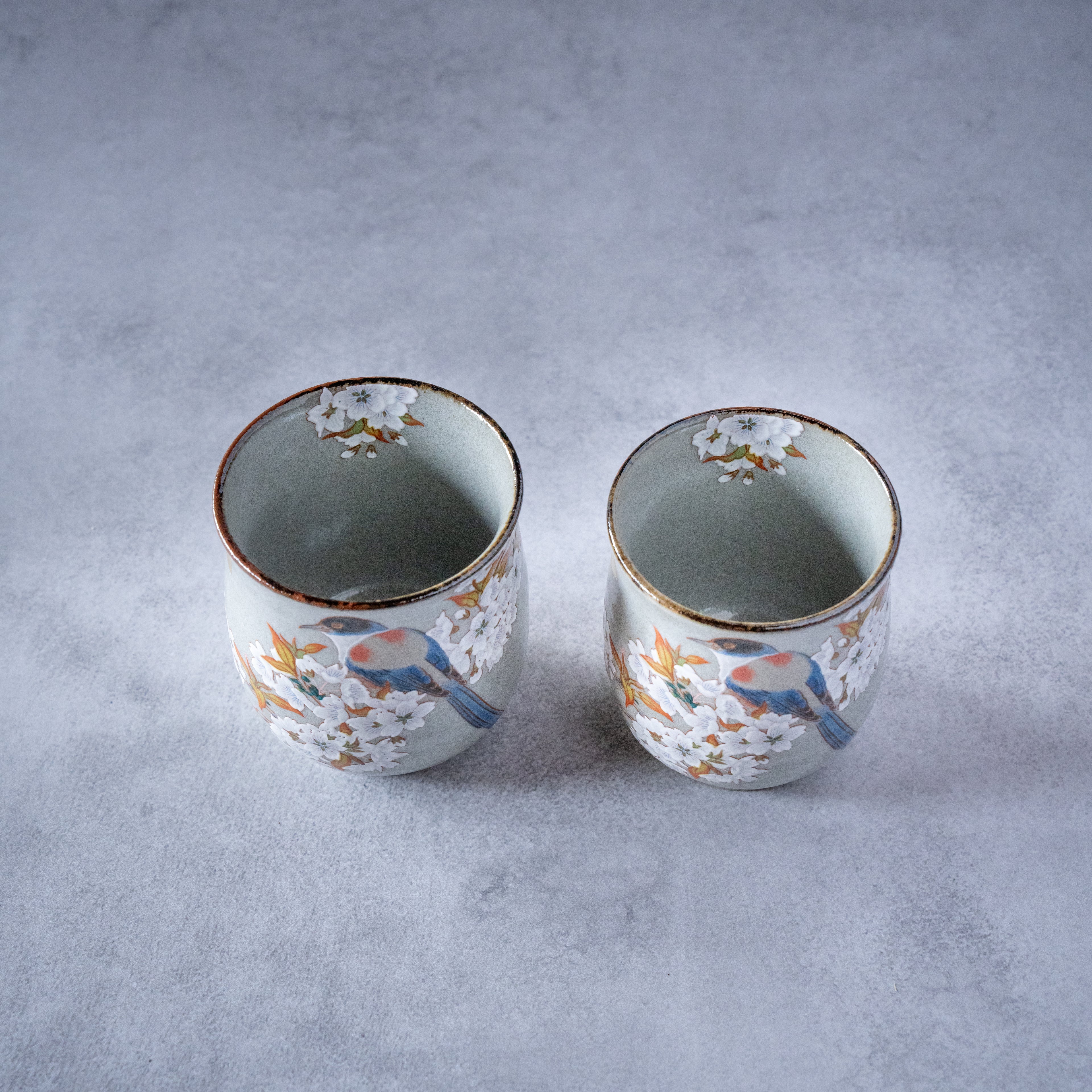 Gold Leaf Sakura & Bird Kutani Teacup Pair