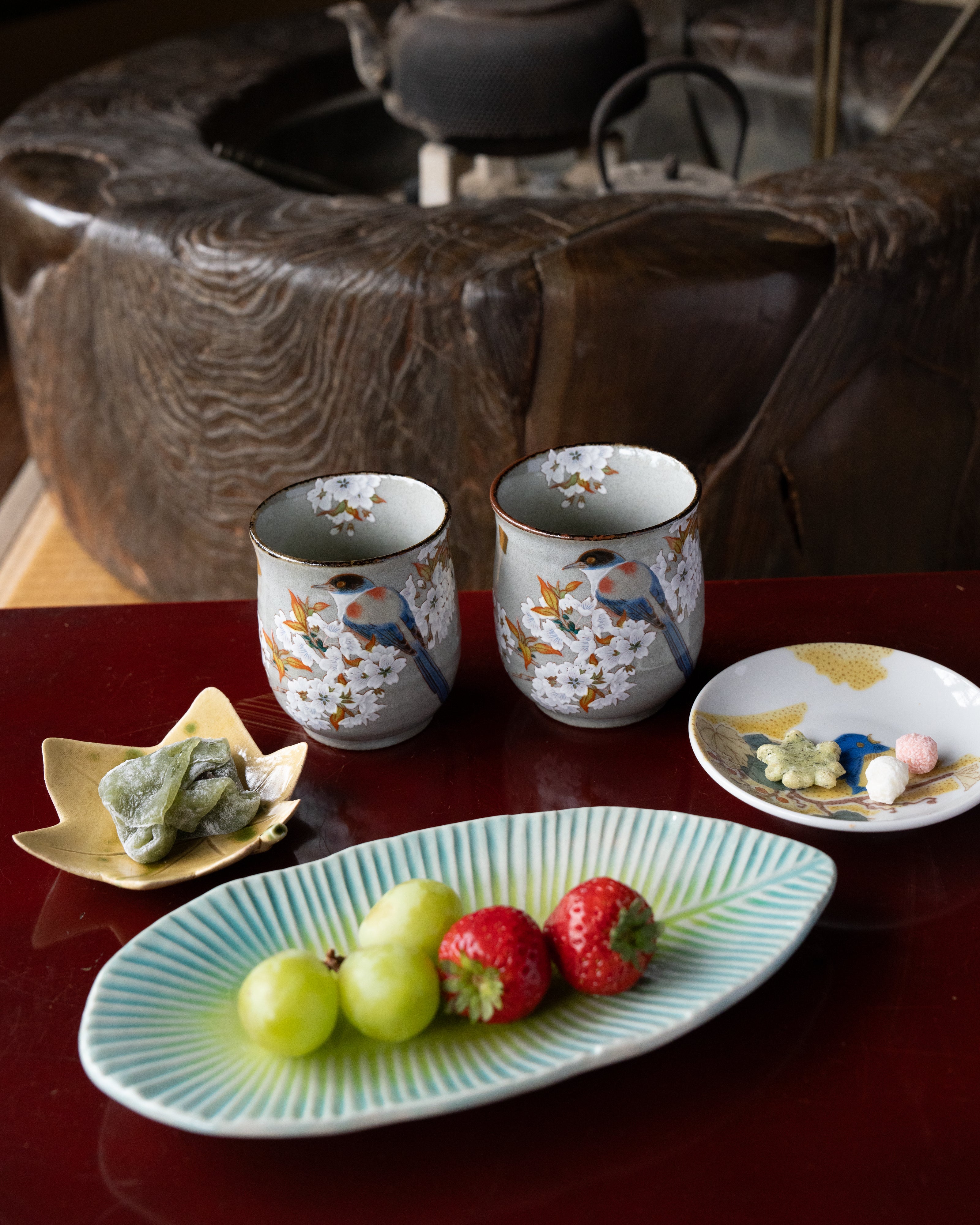 Gold Leaf Sakura & Bird Kutani Teacup Pair