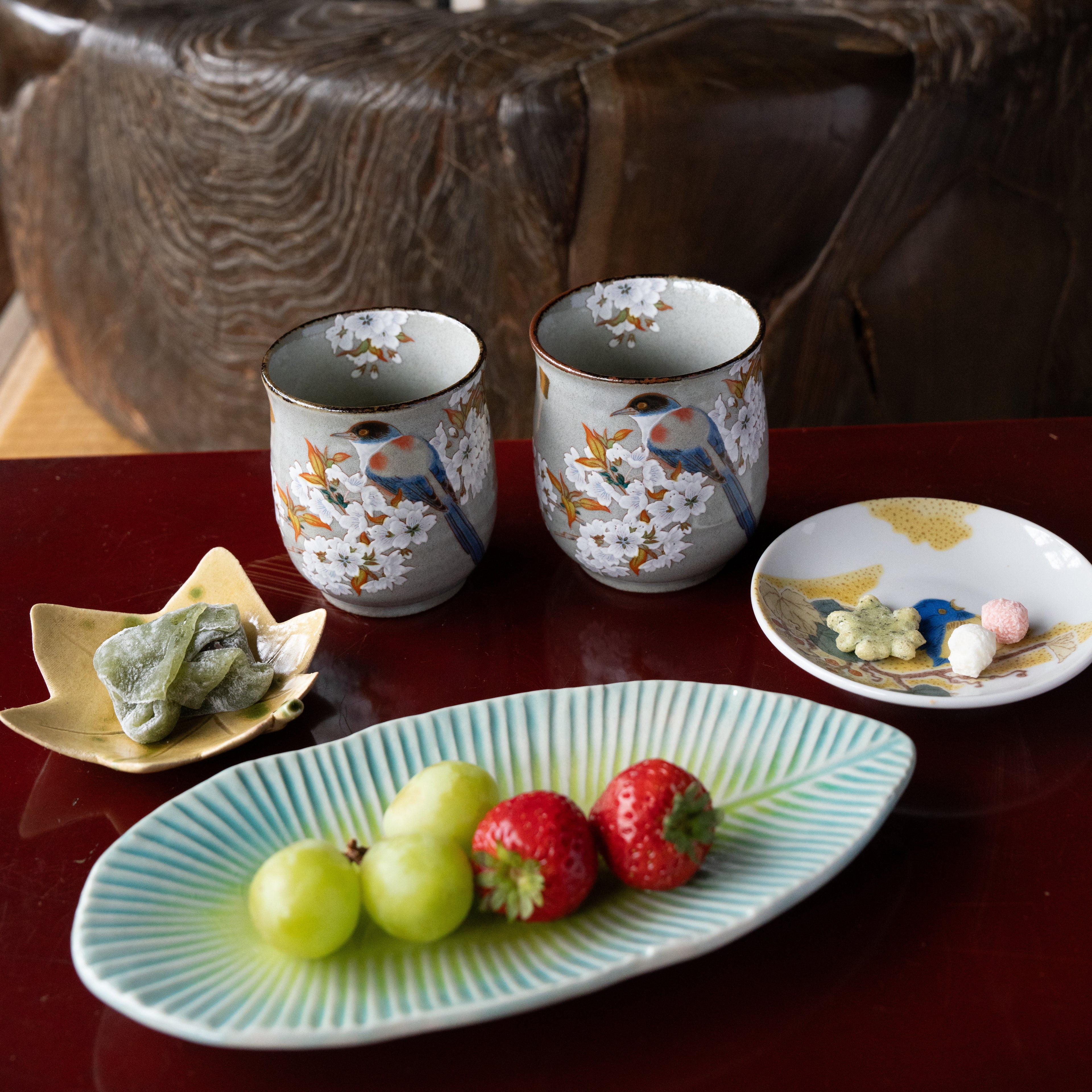 Gold Leaf Sakura & Bird Kutani Teacup Pair