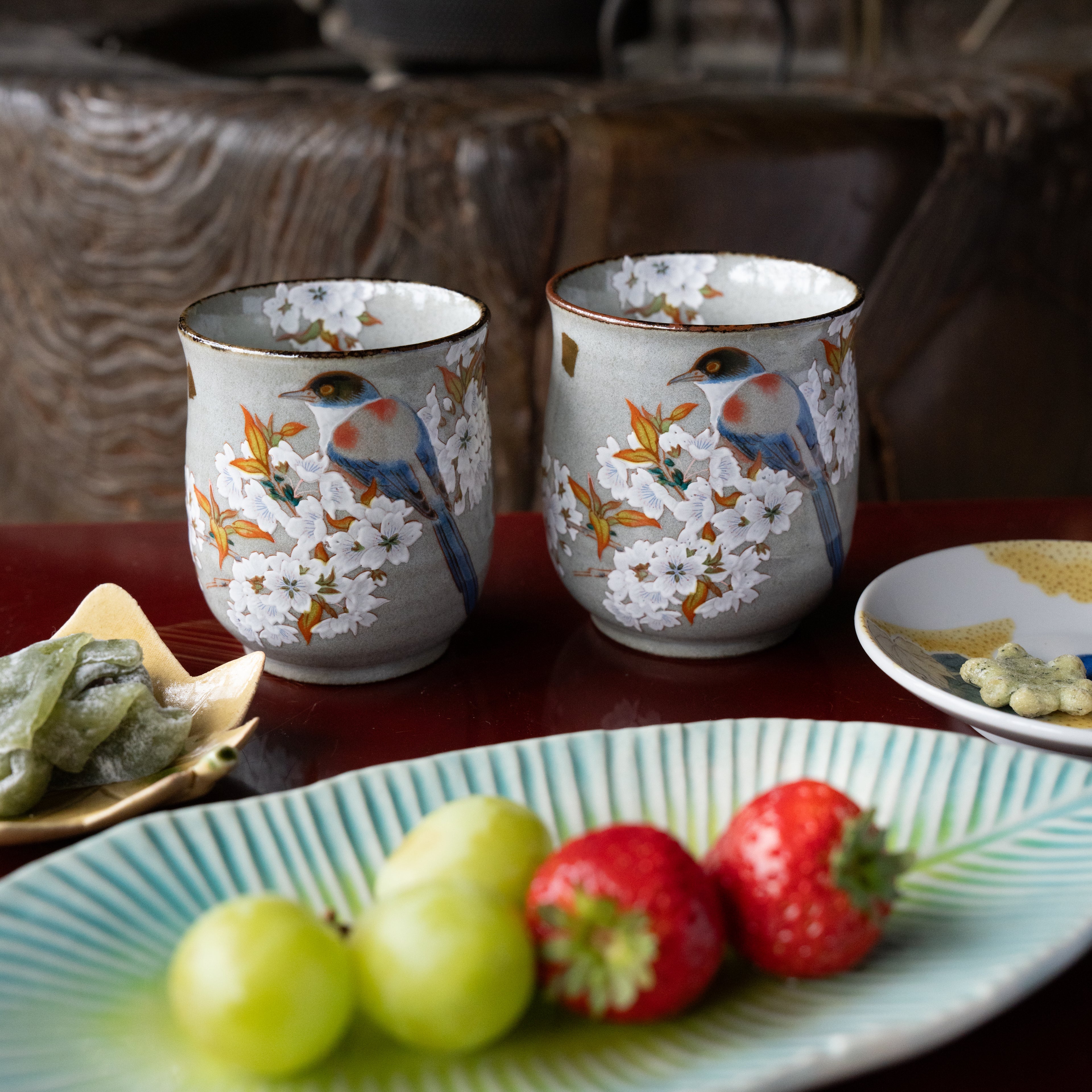 Gold Leaf Sakura & Bird Kutani Teacup Pair