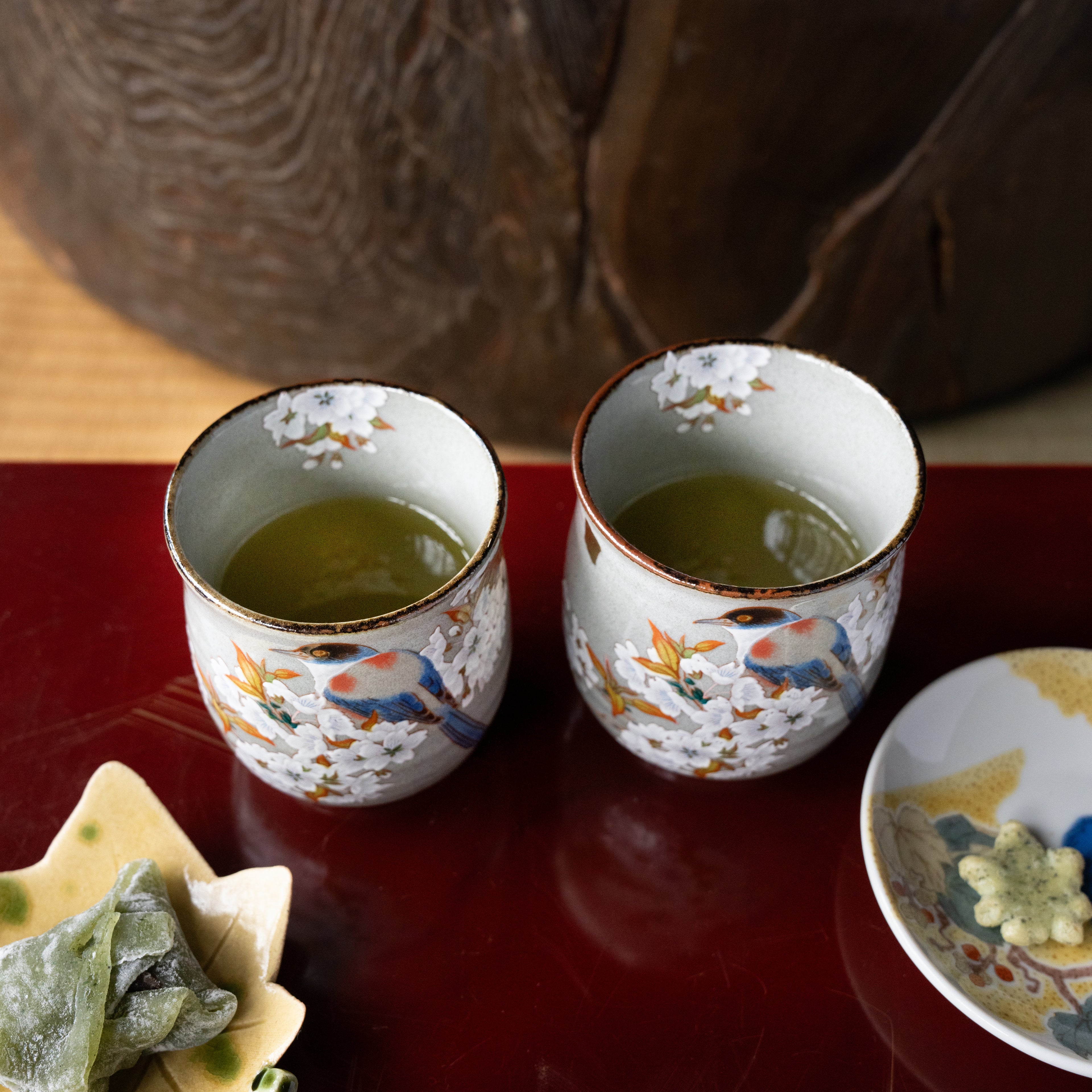 Gold Leaf Sakura & Bird Kutani Teacup Pair