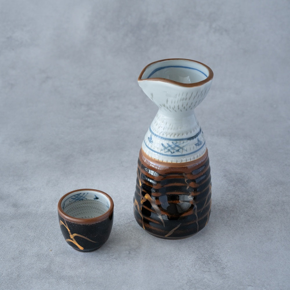 Tenmoku Kin-Ashi Sake Set – Hand-Painted Tokkuri &amp; Guinomi | MIWA Tableware