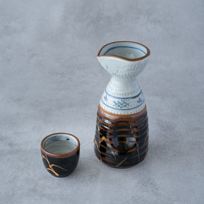 Tenmoku Kin-Ashi Sake Set – Hand-Painted Tokkuri &amp; Guinomi | MIWA Tableware