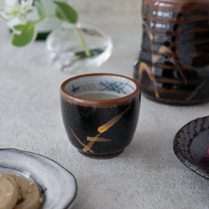 Tenmoku Kin-Ashi Sake Set – Hand-Painted Tokkuri &amp; Guinomi | MIWA Tableware