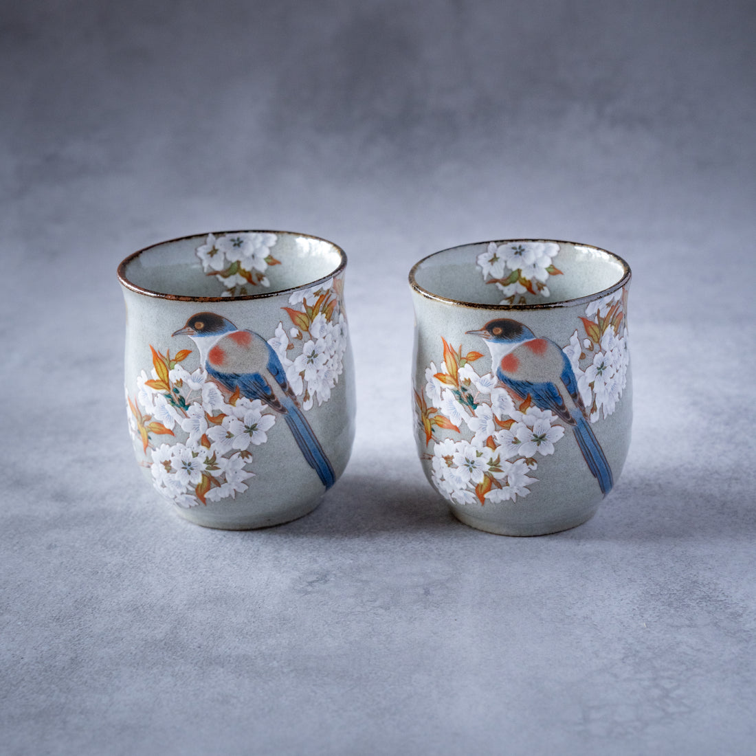 Gold Leaf Sakura &amp; Bird Kutani Teacup Pair